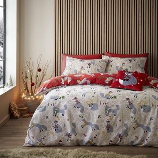 Fusion - Wende-Bettwäsche-Set mit weihnachtlichem Fuchs – Doppelbett-Größe in Rot