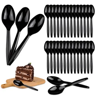 200 Stück Plastiklöffel, Transparent Eislöffel Plastik, Wiederverwendbar Plastik Löffel, 13.8cm Robust Klein Dessertlöffel Plastikbesteck für Desserts Kuchen Obst Salate Mousse Eislöffel (Schwarz)
