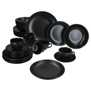 30tlg Kombiservice Panther Steingut 6 Personen Tassen Untertassen Teller flach tief - Schwarz