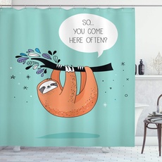 ABAKUHAUS Faultier Duschvorhang, Flirty Sloth Cartoon, Stoffliches Gewebe Badezimmerdekorationsset mit Haken, 175 x 180 cm, Orange Meeresschaum