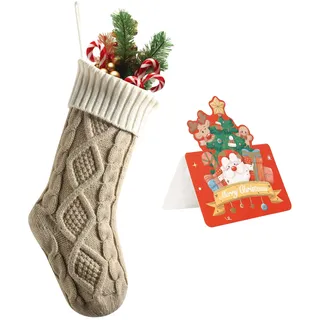 meioro Weihnachtsstrümpfe, 46cm Großes Kabel Gestrickte Weihnachtssocke, Farbe-Kontrast Weihnachten Strumpf Deko für Kamin Family Holiday Party Festival Dekorationen mit Grußkarte (Khaki, 1 Pcs)