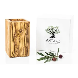 SOLTAKO Premium Besteckhalter aus Olivenholz | Praktischer Küchenhelfer zur Aufbewahrung von Besteck & Kochutensilien - handgefertigt aus massivem Olivenholz