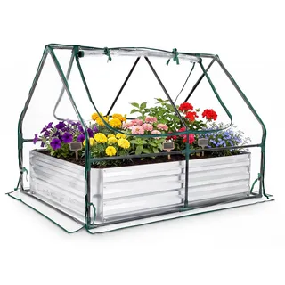 COSTWAY 3 in 1 Hochbeet mit Gewächshaus, 127x97x93cm Pflanzkasten mit 2 aufrollbaren Fenstern mit Reißverschluss & offenem Boden, Foliengewächshaus - Silber, Grün, Transparent