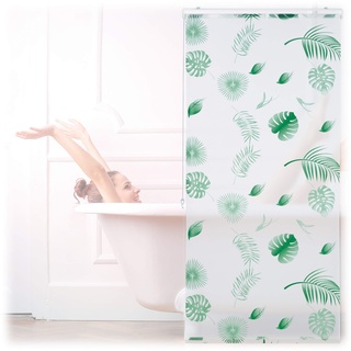 Relaxdays Duschrollo Blätter, 80x240cm, Seilzugrollo für Dusche & Badewanne, wasserabweisend, Decke & Fenster, weiß/grün, PVC