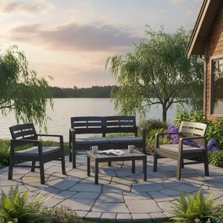 Dmora - Outdoor-Lounge-Set Massa, Gartenkomposition mit 2 Sesseln, 1 Sofa und 1 Couchtisch, Lounge für drinnen und draußen mit Kissen, 100% Made in Italy, Anthrazit