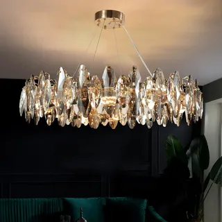 AHXIAOZN Modern LED Kristall Kronleuchter Luxus,Funkelnder Eiförmiger Kristall Deckenleuchte Gold,8xE14 Wohnzimmer Pendelleuchte,8-Flammig