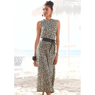 Jerseykleid LASCANA "mit Alloverdruck und Gummizug in der Taille", Damen, Gr. 44, N-Gr, schwarz-weiß (schwarz, beige, bedruckt), Jersey, Obermaterial: 100% Viskose, bedruckt, figurumspielend knöchelfrei, hoch geschlossener Ausschnitt, Kleider Jerseykleid, Jerseykleid, Midikleid, hochgeschlossen, sommerlich-elegant, Topseller