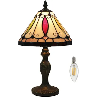 Kinbolas Tischlampe kleine im Tiffany Stil,Vintage Nachttischlampe,Buntglas Lampenschirm 20cm / 8 Zoll,Schlafzimmer Fensterbank Deko Lampe,Jugendstil Tischleuchte,mit LED E14 Birne