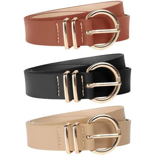 euqvunn 3 Stück PU Gürtel Damen, Taillengürtel für Frauen, Damengürtel für Jeans Hosen Kleider, Verstellbarer Jeansgürtel mit Goldschnalle, Women Belt 105cm Lang x 2,9cm Breite, Schwarz Braun Beige