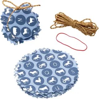 10x Stoffdeckchen Bauernhof blau + Gummi + Schnur Einmach-Glas Geschenk-Idee - Blau