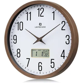 Lafocuse Lautlos Wanduhr mit Kalender Digital LCD, Vintage Wanduhr mit Datum Wochentag und Thermometer, Braun Analog Quarzuhr für Wohnzimmer Schlafzimmer Büro Küche 30cm