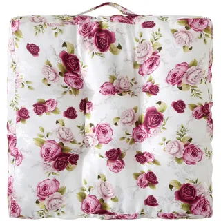 wometo Landhaus Bodenkissen Sitzkissen Rosen 40x40 8cm Oeko-TEX rosa pink | gesteppte Sitzpolster / Stuhlkissen mit Steppung für Indoor und Outdoor, drinnen und draußen nutzbar