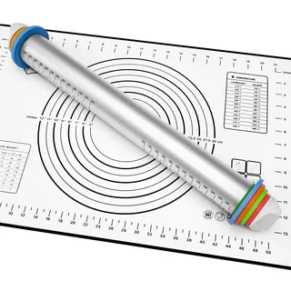Teigroller Edelstahl 304 mit Backmatte, Dickenverstellbares Nudelholz 2/3/6/10 mm Ringe, Antihaft Backrolle für Pizza Kuchen Kekse Gebäck, Spülmaschinenfest