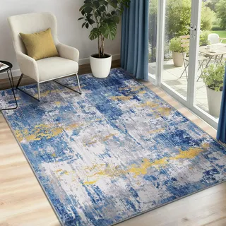 INOVADAY Waschbarer Teppich Wohnzimmer 90x150 cm Moderne Abstrakt Teppich Schlafzimmer mit Weichem Kurzflor rutschfest Minimalistische Teppiche für Lounge Esszimmer Blau/Gold
