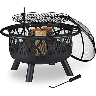 Feuerschale mit Grillrost, Funkenschutz & Schürhaken, Ø 75 cm, Stahl, Feuerstelle Garten & Terrasse, schwarz, 68.5 x 75 x 75 cm