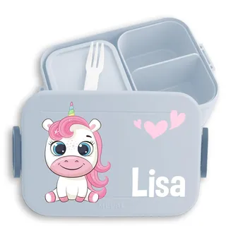 Shirtracer Mepal Lunchbox Kinder personalisiert Einhorn süß Herzchen | Hellblau, 900 ml, Fabelwesen, Pegasus, Fantasy, mit Fächern, Schule, spülmaschinenfest, Kindergarten, Einschulung