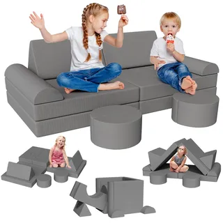 Clevich Spielsofa für Kinder, 15-Teiliges Modulare Kinderspielcouch, Kindersofa ausklappbar, Oeko-TEX100 Zertifiziert, Schlafsofa aus Schaumstoff, für Kuschelecke im Kinderzimmer, Kuschel-Cord (Grau)