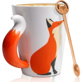360ml Fuchs Geschenk mit Löffel, Glatte Glasur Keramik Kaffeetassen Fuchs Tasse, Niedlicher 3D-Becher Fuchs Geschenk tasse für Weihnachten Geburtstag Jubiläum, Büro und Zuhause