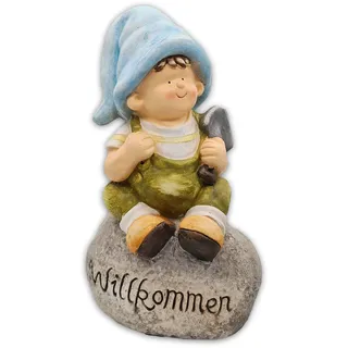 Wichtelstube-Kollektion XXL Gartenfigur Tom als Gärtner auf Stein mit Wilkommen Schriftzug 46cm Wetterfest MGO Dekofigur Outdoor Gartendeko Einganstür Deko