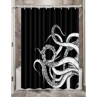 Octopus Decor Camper RV Duschvorhang für Reiseanhänger Badezimmer, lustig, schwarz und weiß, klein, schmal, kürzer, Stoff, Duschvorhänge, Set, Happy Camp Outdoor Decor Zubehör mit Haken 47 x 64 cm