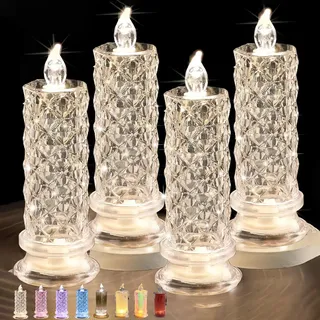 GUSHE 4 Stück Rose Shadow LED Flameless Candle Lights, LED Kristall-Kerzen, Romantische batteriebetriebene Säule Kerzen für Hochzeit, Weihnacht Deko (Weiß-A)