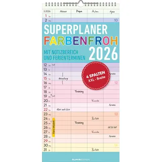 ALPHA EDITION GmbH & Co. KG Alpha Edition - Superplaner Farbenfroh - 4 Spalten - Familienkalender 2026 – 4 Spalten, 22x45 cm – Bunter Familien-Timer mit Feiertagen (DE/AT/CH/FR/IT) – FSC-zertifiziert