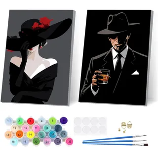 2 Stück Schwarzes Kleid Lady Malen Nach Zahlen Kinder mit Rahmen, Malen nach Zahlen ab 5 6 7 9 10 Jahre Mädchen, Paint by Numbers Gentleman, DIY Handgemalt ÖLgemäLde Leinwand für Home Décor 20x30 cm