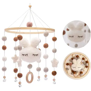 Promise Babe Mobile Baby Kaninchen Holz mit Filzbällen Kinderzimmer Hängende Bettglocke Hase Filz Gehäkelt Mobile Windspiel für Babybett Kinderbett Wickeltisch Babyzimmer Deko Geschenke Weiß Rabbit