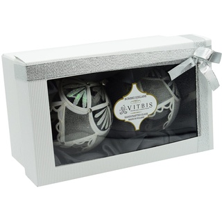 Vitbis Weihnachtsbaumschmuck Set von Zwei 10 cm Transparent Weiß und Silber Dekor Strass Schillernde Glitzer Handgefertigt Handbemalt Kugeln Geschenkfertig Box mit Band