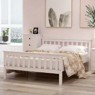 okwish Doppelbett Holzbett 140 x 200 cm Massivholzbett mit Lattenrosten, Kieferbett für Erwachsene, Kinder, Jugendliche, Weiß - Weiß