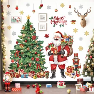 decalmile Weihnachten Fenster Wandtattoo Weihnachtsbaum Aquarell Große Wandaufkleber Weihnachtsmann Schneeflocken Nussknacker Wandsticker Schaufenster Weihnachten Party Weihnachtsdeko