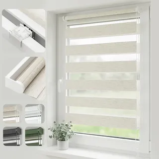 SALCAR Doppelrollo Klemmfix ohne Bohren, Duo Rollo & Zebra Rollo für Fenster, Stufenloser Sicht- und Sonnenschutz, mit Oberschiene & Metallkern-Klemmen,Leinenoptik Beige, B 75 x H 130 cm