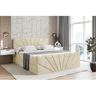 ALTDECOR Boxspringbett mit Fußteil, H3 Matratze und Topper - 160x200 cm - MILTIO-Z - Beige Samt - Polsterbett mit Bettkasten und Lattenrost, Bett mit Stauraum - Beige