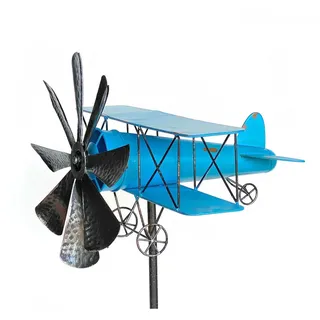 DanDiBo Ambiente DanDiBo Gartenstecker Metall Flugzeug XL 160 cm Doppeldecker Blau 96099 Windspiel Windrad Wetterfest Gartendeko Garten Gartenstab Bodenstecker