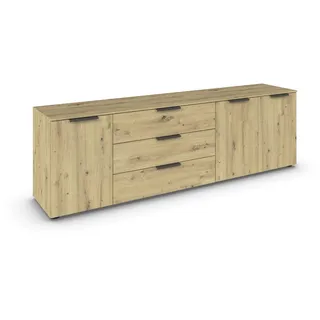 Rauch Möbel Flipp, Sideboard, TV-Schrank, Kommode mit Stauraum, Eiche Artisan, Holz, 3-türig, 3 Schubladen, Griffe Graphit, 199x61x42cm