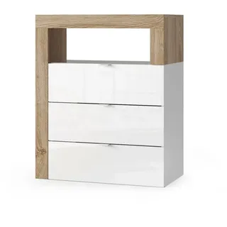 Robas Lund Badkommode Hamburg, Badezimmer, Weiß Hochglanz/Eiche Cadiz, Holzwerkstoff Melaminbeschichtet, 64x78x35 cm, 3 Schubladen, Modern