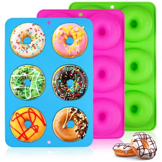 3 Stück 6 Hohlraum Donuts Backform Silikon, Donut Backform Hitzebeständigkeit, Donutform Silikon, Donut Form, Antihaft Donutform BPA-Frei Bagel Für Machen Kekse, Muffins, Grün, Rosa, Blau