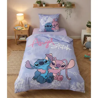 Disney Lilo & Stitch Bettwäsche Set - Stitch und Angel Wendebettwäsche 140x200 cm + Kissenbezug 65x65 cm - 52% Baumwolle 48% Polyester - Öko-Tex Standard 100 - Pastell-Design für Kinder & Teens