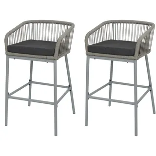 Mendler 2er-Set Rope-Barhocker HWC-O22, Tresenhocker, Outdoor Sitzpolster Seilgeflecht Metall ~ hellgrau, Kissen dunkelgrau
