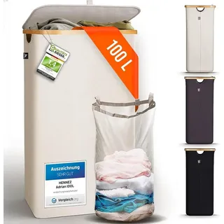HENNEZ 100L Wäschekorb mit Deckel Beige - herausnehmbaren Wäschesack Wäschesammler schmal mit Deckel - Wäschebox Waschekorbsammler Wäschesortierer - Wäschetruhe Wäschekörbe laundry baskets