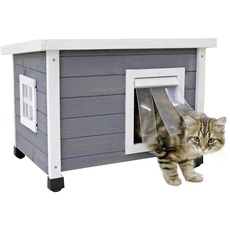 Bild Katzenhaus Rustica aus Holz, Schwingtüre mit Lamellen, Plexiglasfenster, Höhenverstellbare Kun (Katze), Hundebett + Katzenbett