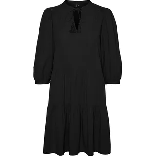 Vero Moda Damen Kurzes Crepe Kleid mit Kordel Midi Dress 3/4 Ärmel Sommerkleid Tunika, Farben:Schwarz, Größe:S