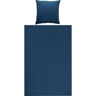 REDBEST Bettwäsche, Bettgarnitur Seersucker Uni Detroit dunkelblau Größe 80x80 cm / 135x200 cm - weich, schnell trocknend, bügelfrei, mit Reißverschluss