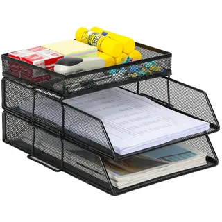 EasyPAG 3 Stück A4 Stapelbar Metall Büro Schreibtisch Organizer Dokumentenhalter Aktenablage Zeitschriftenhalter Briefablage Papier Magazin Organisator,Schwarz