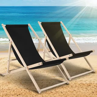 TolleTour 2X Liegestuhl Gartenstuhl Klappstuhl Kieferholz Holz Klappbar Relax Stoff Deck schwarz - Schwarz