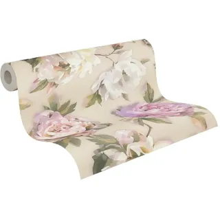 A.S. Création Vliestapete mit Blumenmotiv Rosen 0,53 x 10,05 m – Violett, Pink, Grün – Blumentapete Aquarell Made in Germany - 396081