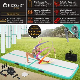 Kesser KESSER® Turnmatte Aufblasbar Airtrack 2m/3m/4m/5m/6m Fitness-Matte Gymnastikmatte inkl. Tragetasche | elektr. Luftpumpe Yogamatte, Tumbling Matten, Trainingsmatte, Turn- & Fitness