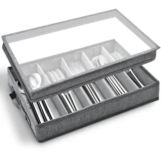 Cyiecw Besteckkasten mit Deckel, Tragbar Besteckaufbewahrung Besteckeinsatz, Besteckbox mit 5 Verstellbaren Fächern, Besteck Organizer für Messer, Gabel und Löffel (42,5 x 29,5 x 8cm)