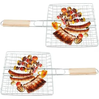 2 x Grillguthalter mit Holzgriff | BBQ Grillkorb für Fischgemüse Steak Garnelenkoteletts | 23 x 21 cm Grillgitter aus Metall | Gemüsekorb Burger Grillwender | Grilling Basket | Grill Rost zum Grillen