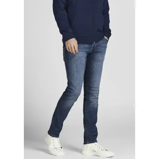 Slim-fit-Jeans JACK & JONES "JJIGLENN – Slim-Fit-Jeans mit niedriger Leibhöhe", Herren, Gr. 31, Länge 32, blau (medium, blau), Denim/Jeans, Obermaterial: 91% Baumwolle, 7% Polyester, 2% Elasthan, Abriebeffekte, slim fit lang, Jeans Slim-fit-Jeans, Used, modisch, slim fit, Denim/Jeans